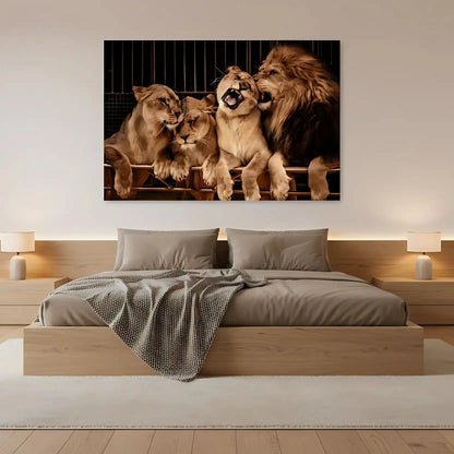 Groupe de lions majestueux aux teintes dorées et brunes, ambiance de force tranquille pour salon ou bureau.