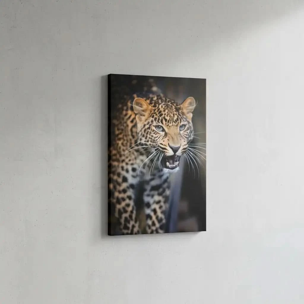 Portrait captivant d'un léopard féroce avec pelage tacheté brun et noir, regard intense, idéal pour salon ou bureau.