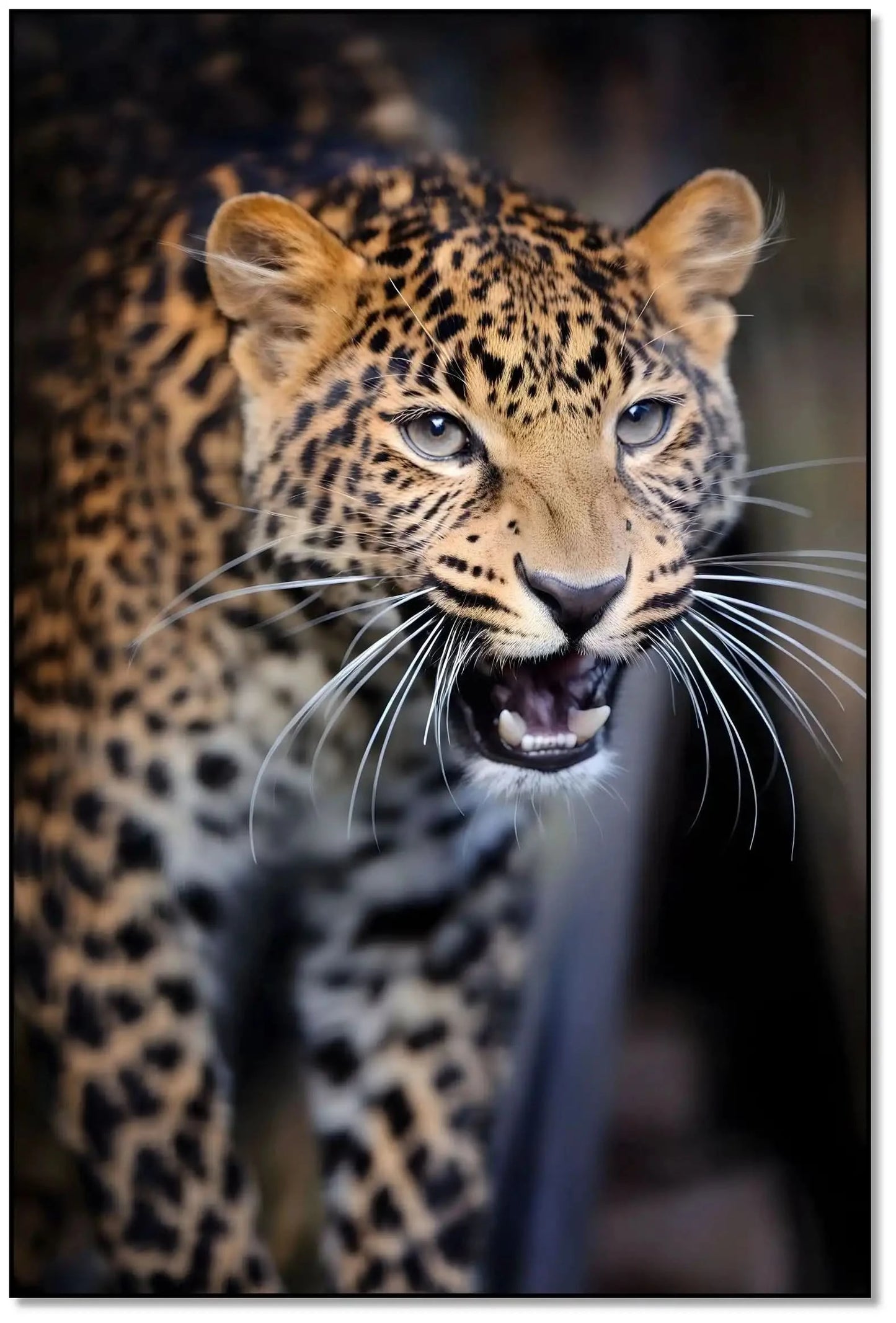 Portrait captivant d'un léopard féroce avec pelage tacheté brun et noir, regard intense, idéal pour salon ou bureau.