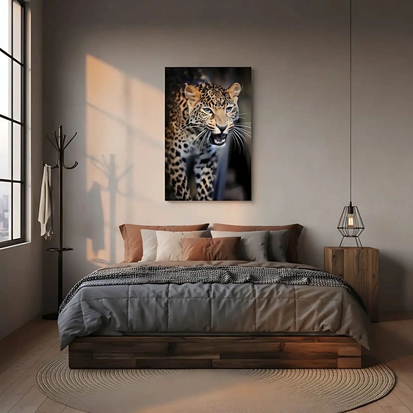 Portrait captivant d'un léopard féroce avec pelage tacheté brun et noir, regard intense, idéal pour salon ou bureau.