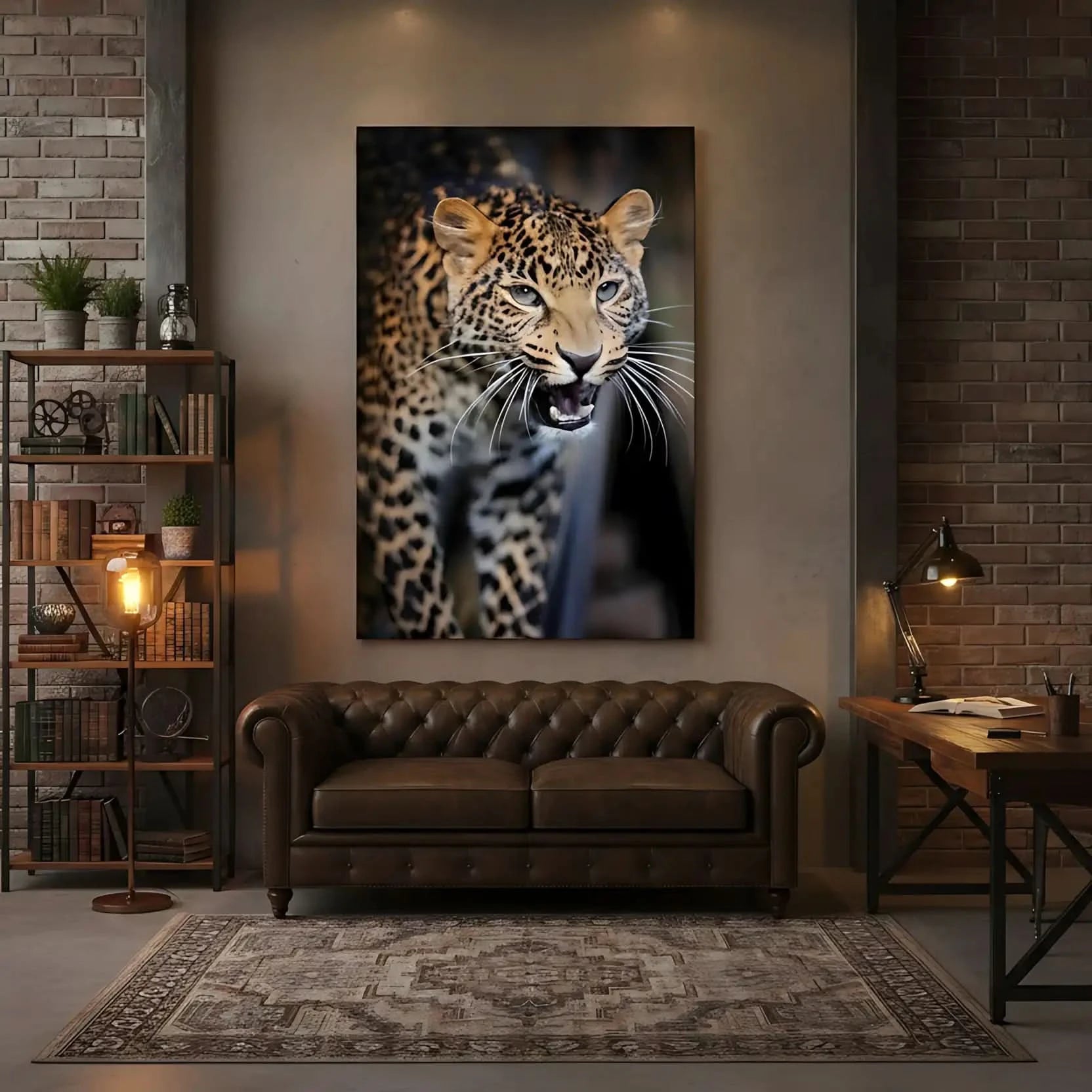 Portrait captivant d'un léopard féroce avec pelage tacheté brun et noir, regard intense, idéal pour salon ou bureau.