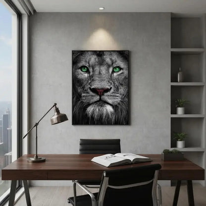 Portrait de lion en noir et blanc avec yeux verts émeraude, ambiance puissante et mystérieuse pour salon ou bureau.