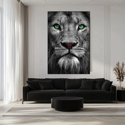 Portrait de lion en noir et blanc avec yeux verts émeraude, ambiance puissante et mystérieuse pour salon ou bureau.