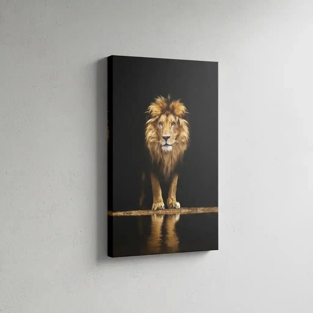 Tableau d'un lion majestueux sur fond noir, crinière dorée, ambiance puissante et mystérieuse pour salon ou bureau.