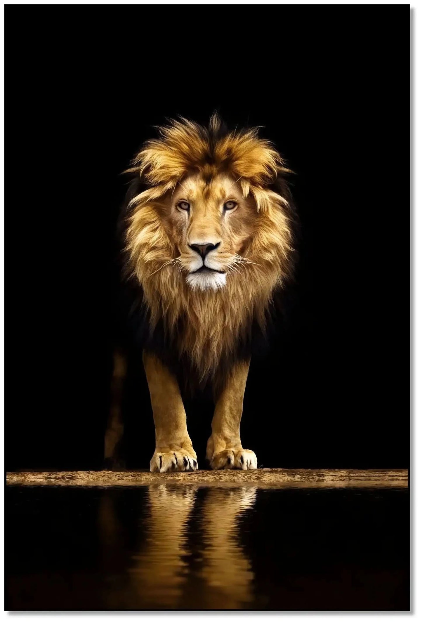 Tableau d'un lion majestueux sur fond noir, crinière dorée, ambiance puissante et mystérieuse pour salon ou bureau.