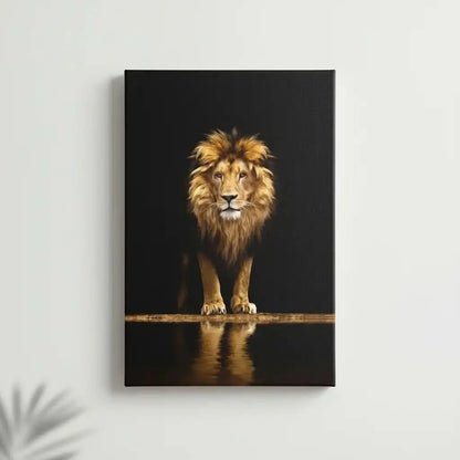 Tableau d'un lion majestueux sur fond noir, crinière dorée, ambiance puissante et mystérieuse pour salon ou bureau.