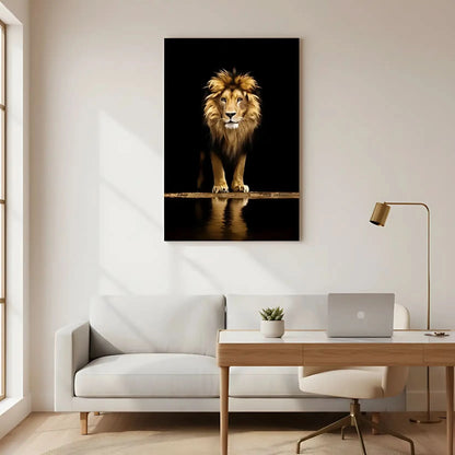 Tableau d'un lion majestueux sur fond noir, crinière dorée, ambiance puissante et mystérieuse pour salon ou bureau.