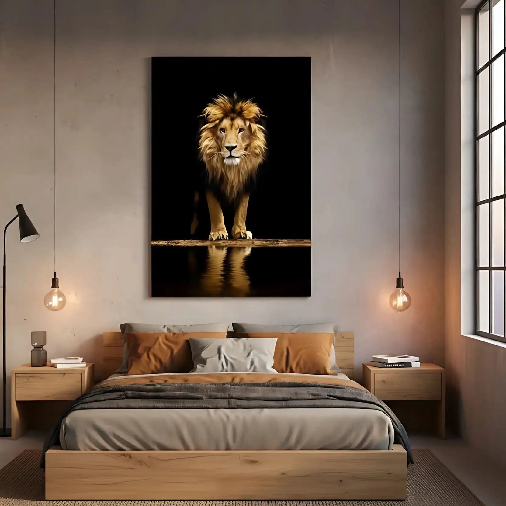Tableau d'un lion majestueux sur fond noir, crinière dorée, ambiance puissante et mystérieuse pour salon ou bureau.