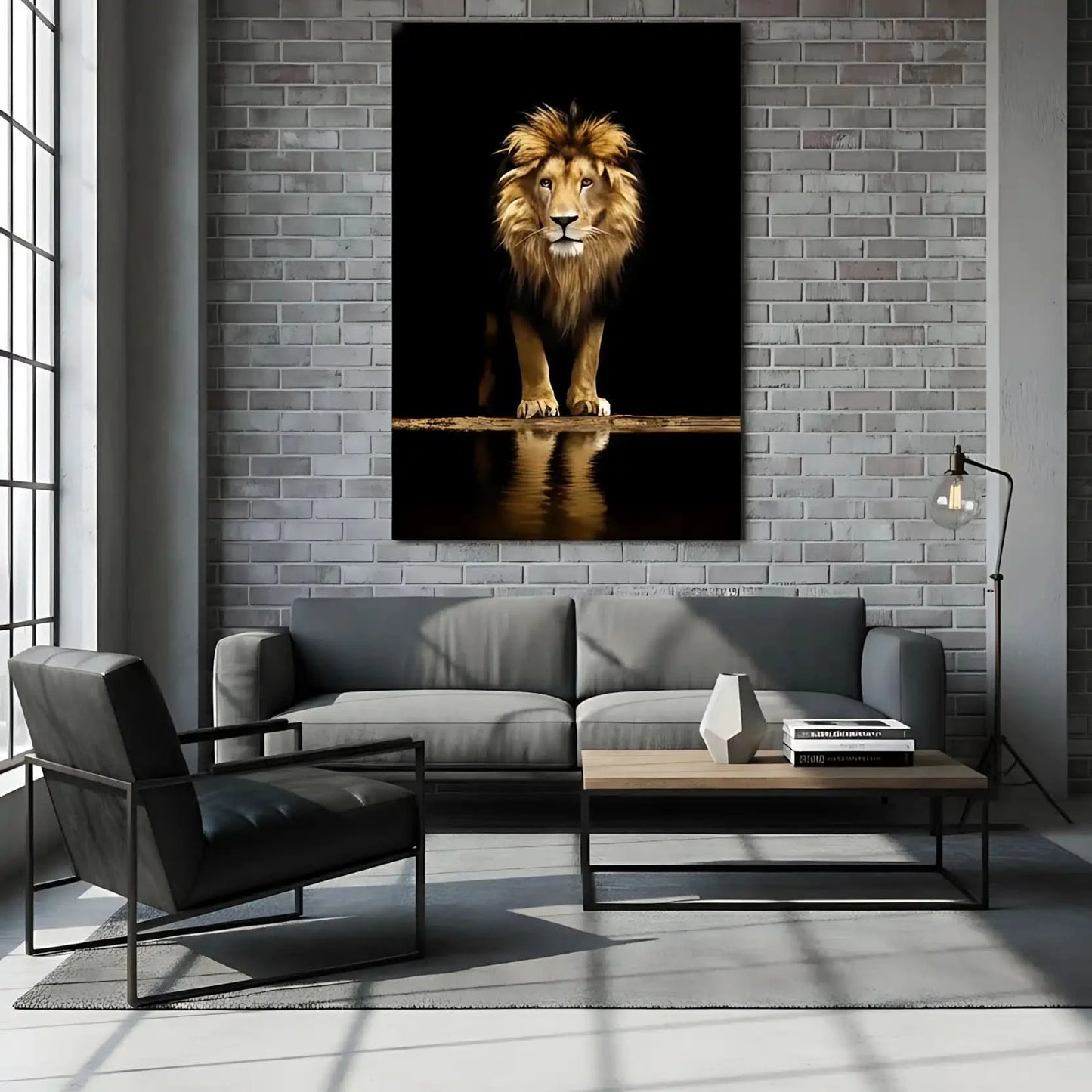 Tableau d'un lion majestueux sur fond noir, crinière dorée, ambiance puissante et mystérieuse pour salon ou bureau.