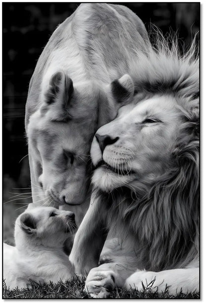 Scène en noir et blanc d'une famille de lions, tendresse et harmonie, ambiance sereine pour salon ou bureau.