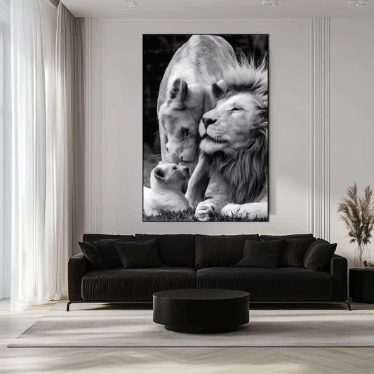 Scène en noir et blanc d'une famille de lions, tendresse et harmonie, ambiance sereine pour salon ou bureau.