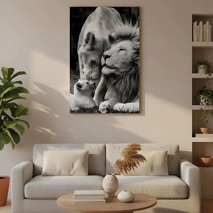Scène en noir et blanc d'une famille de lions, tendresse et harmonie, ambiance sereine pour salon ou bureau.