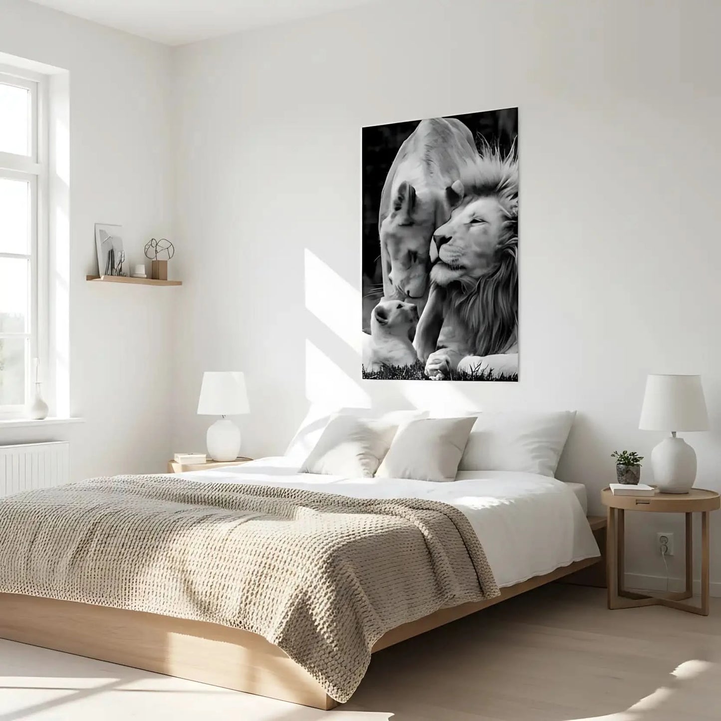 Scène en noir et blanc d'une famille de lions, tendresse et harmonie, ambiance sereine pour salon ou bureau.
