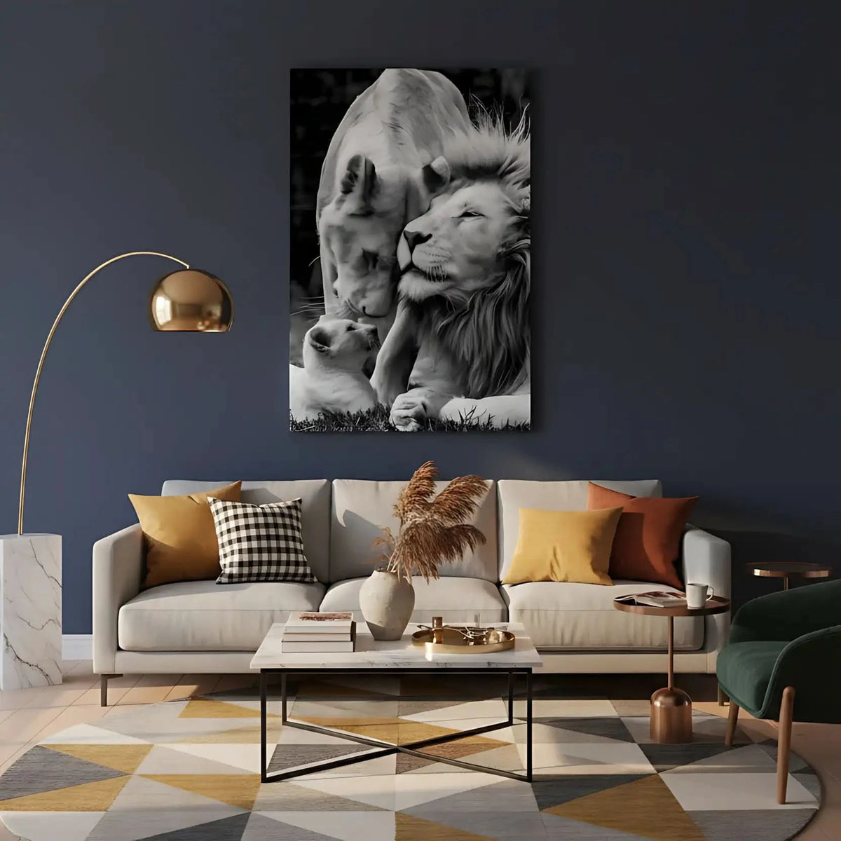 Scène en noir et blanc d'une famille de lions, tendresse et harmonie, ambiance sereine pour salon ou bureau.