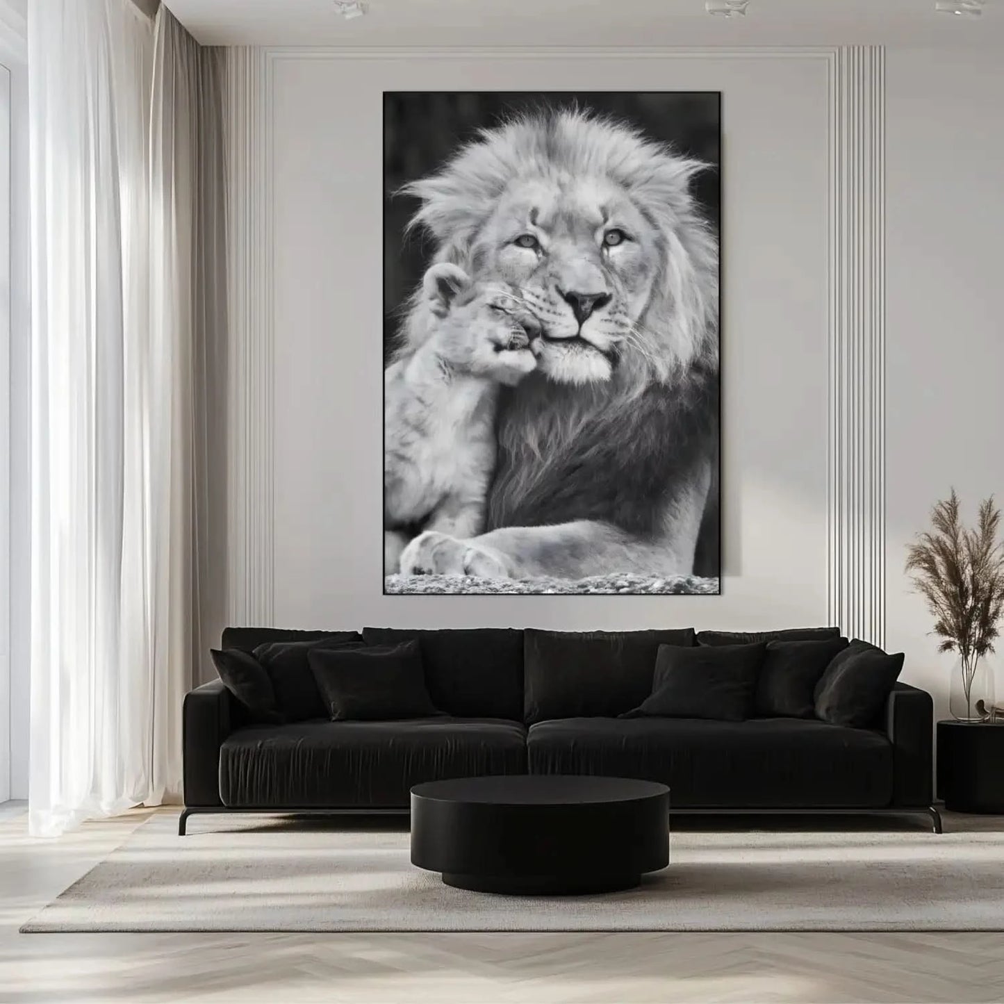 Portrait en noir et blanc d'un lion et son lionceau, tendresse animale, ambiance sereine pour salon ou bureau.