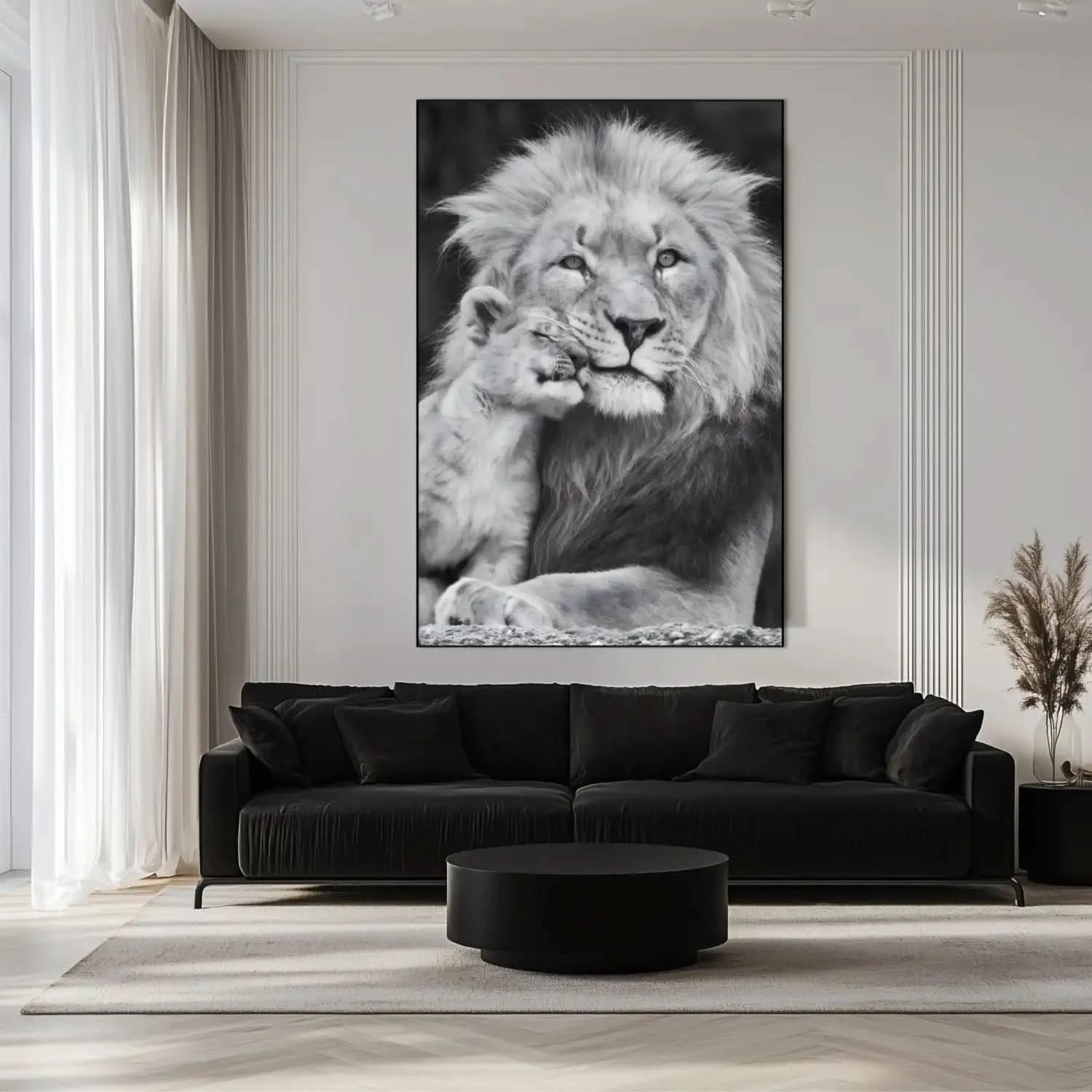 Portrait en noir et blanc d'un lion et son lionceau, tendresse animale, ambiance sereine pour salon ou bureau.