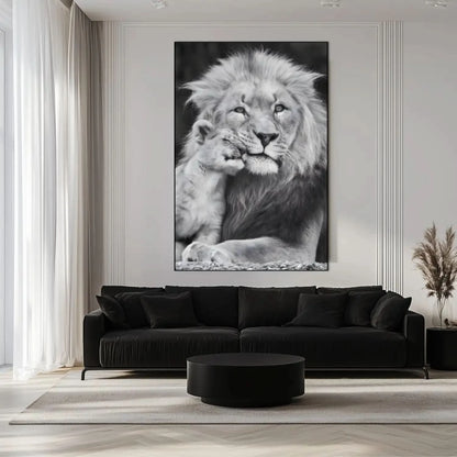 Portrait en noir et blanc d'un lion et son lionceau, tendresse animale, ambiance sereine pour salon ou bureau.