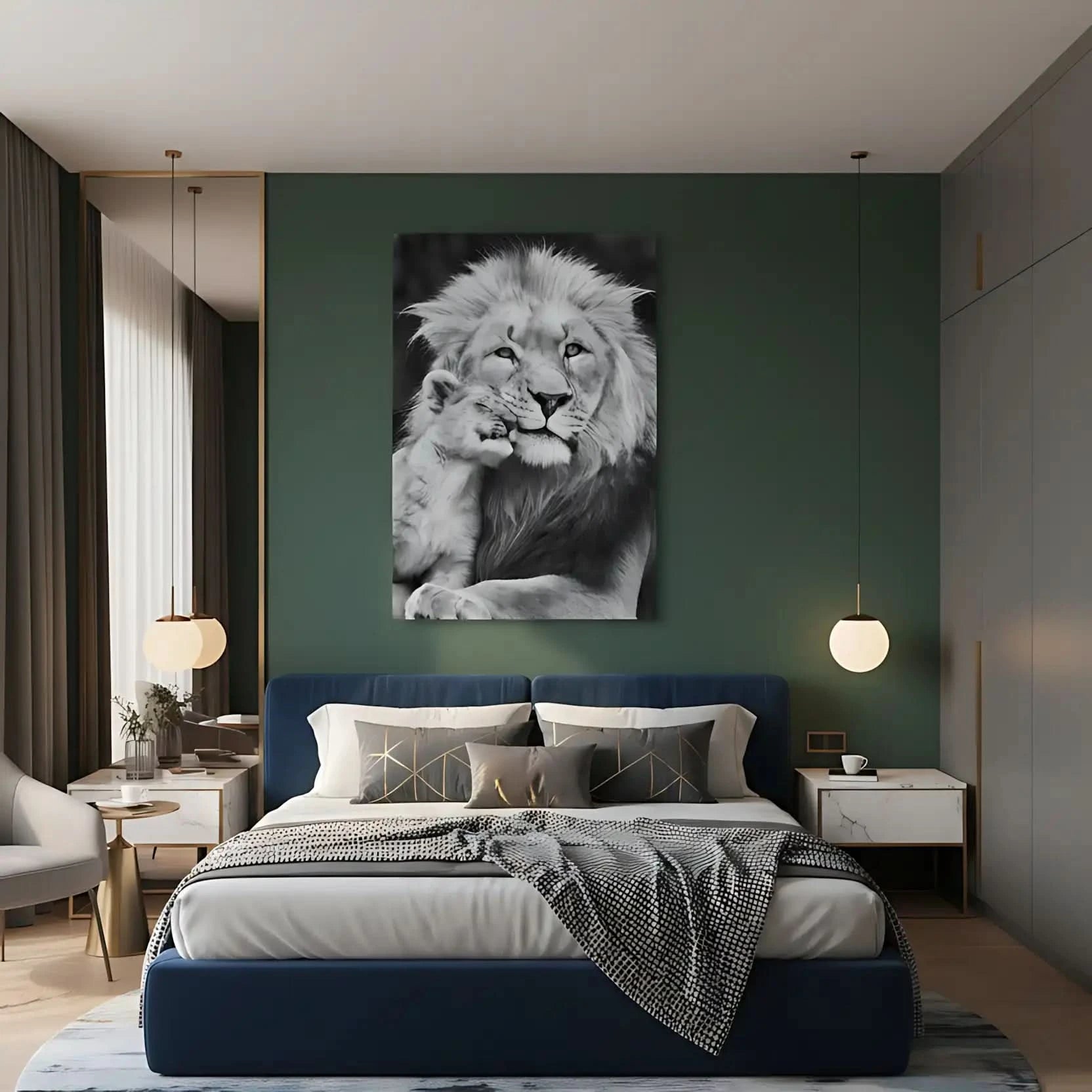 Portrait en noir et blanc d'un lion et son lionceau, tendresse animale, ambiance sereine pour salon ou bureau.