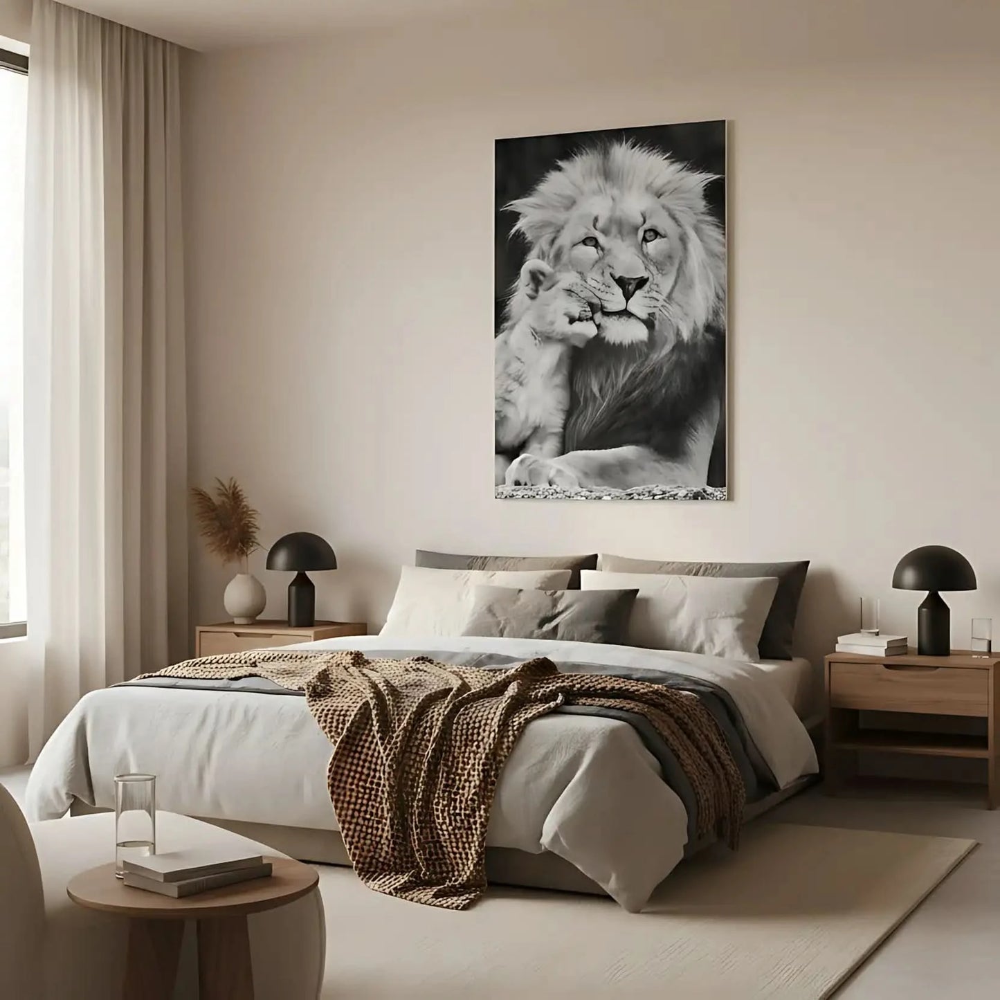 Portrait en noir et blanc d'un lion et son lionceau, tendresse animale, ambiance sereine pour salon ou bureau.