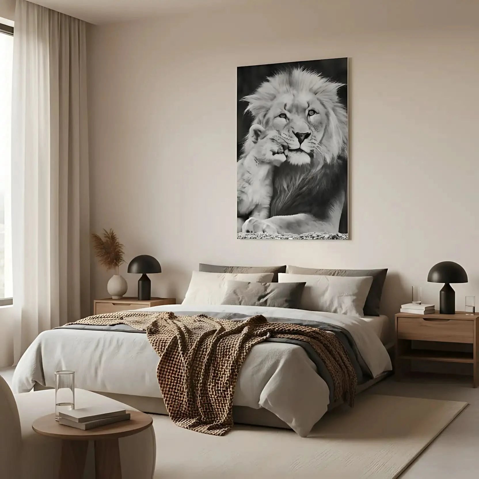 Portrait en noir et blanc d'un lion et son lionceau, tendresse animale, ambiance sereine pour salon ou bureau.