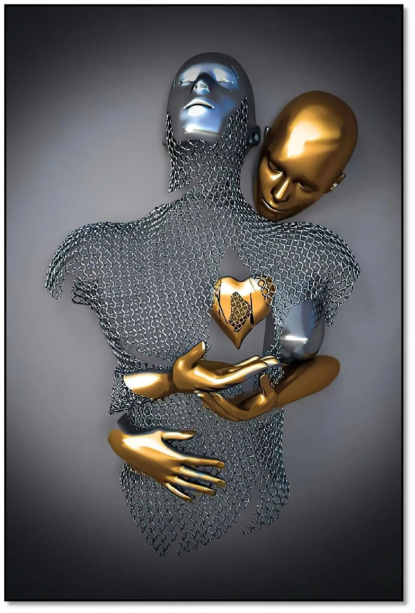 Silhouette maillée enlacée à un partenaire doré tenant un cœur; argent et or se mêlent dans une toile abstraite luxueuse.