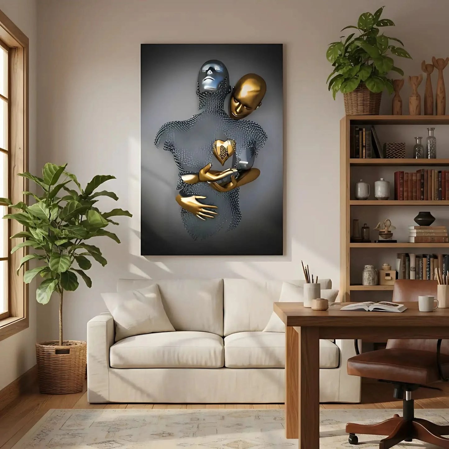 Silhouette maillée enlacée à un partenaire doré tenant un coeur; argent et or se mêlent dans une toile abstraite luxueuse.