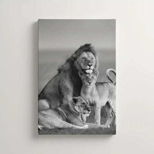Famille de lions en noir et blanc, ambiance majestueuse et sereine, idéale pour salon ou bureau élégant.