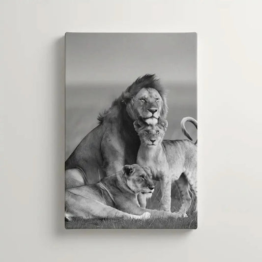 Famille de lions en noir et blanc, ambiance majestueuse et sereine, idéale pour salon ou bureau élégant.