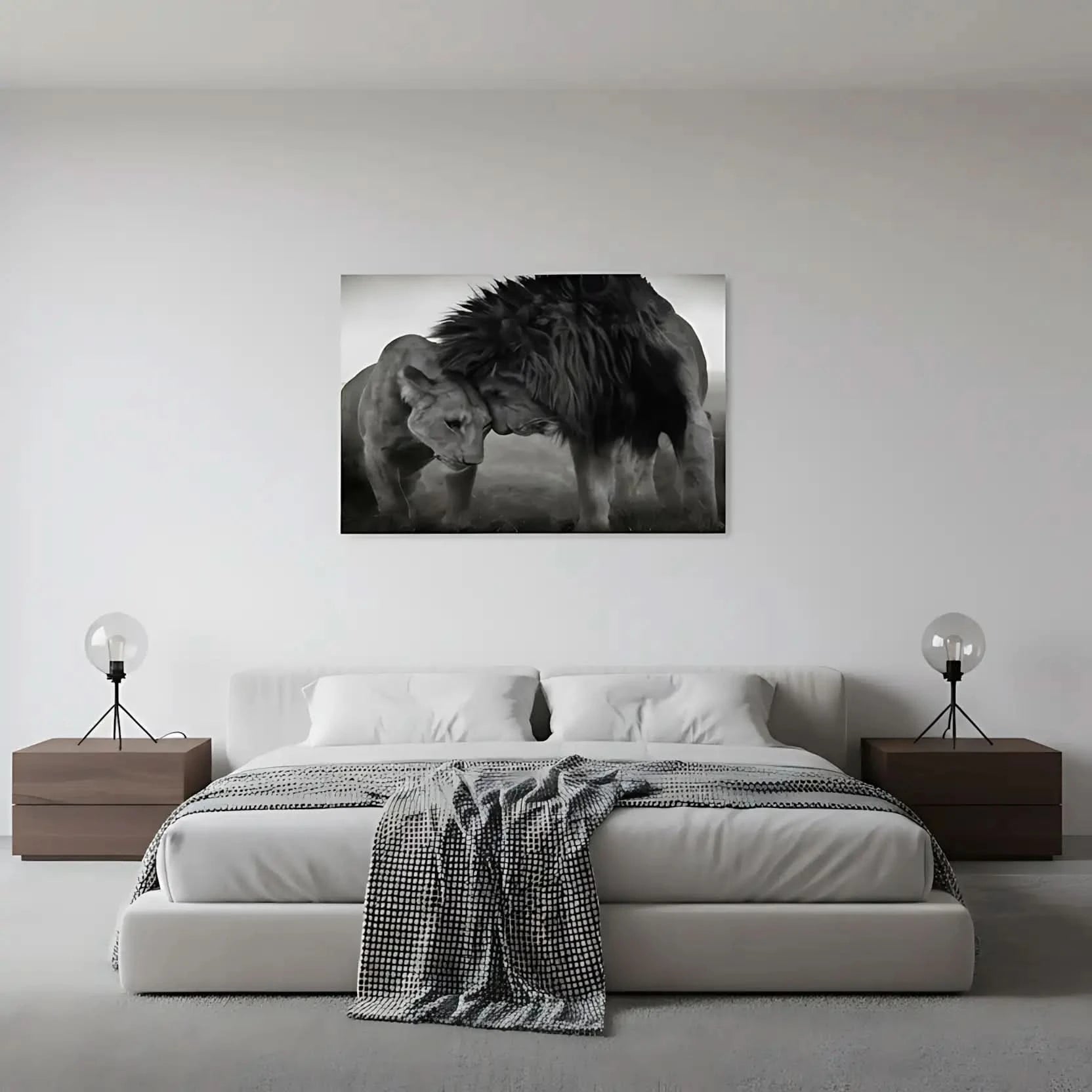 Lion et lionne en noir et blanc, moment de tendresse, ambiance sereine pour salon ou bureau.