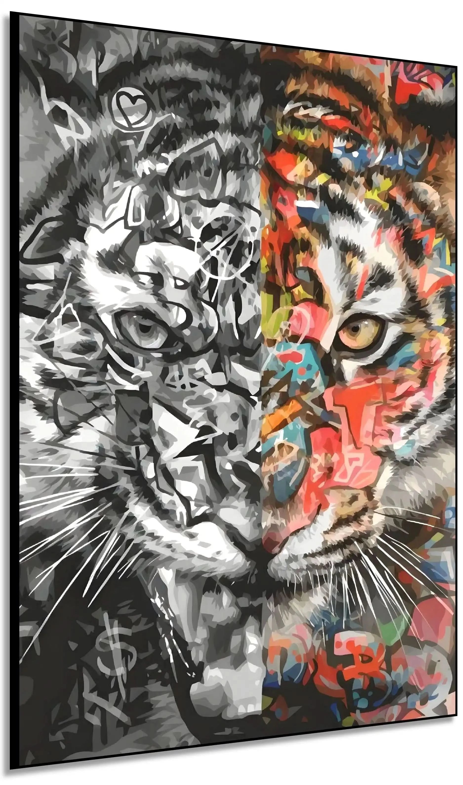 Tigre en dualité avec moitié en nuances de gris et moitié en couleurs vives, style Street Art, ambiance dynamique et mystérie