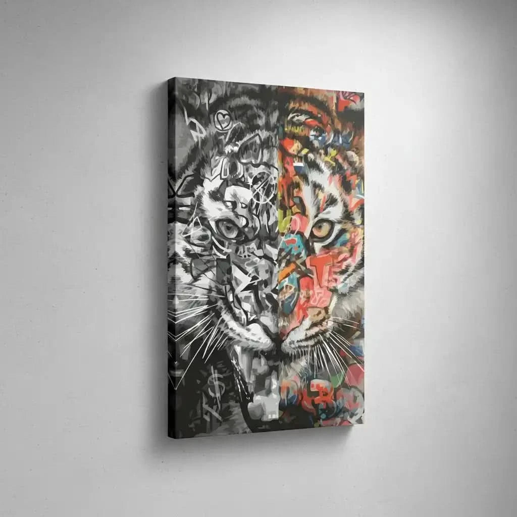Tigre en dualité avec moitié en nuances de gris et moitié en couleurs vives, style Street Art, ambiance dynamique et mystérie