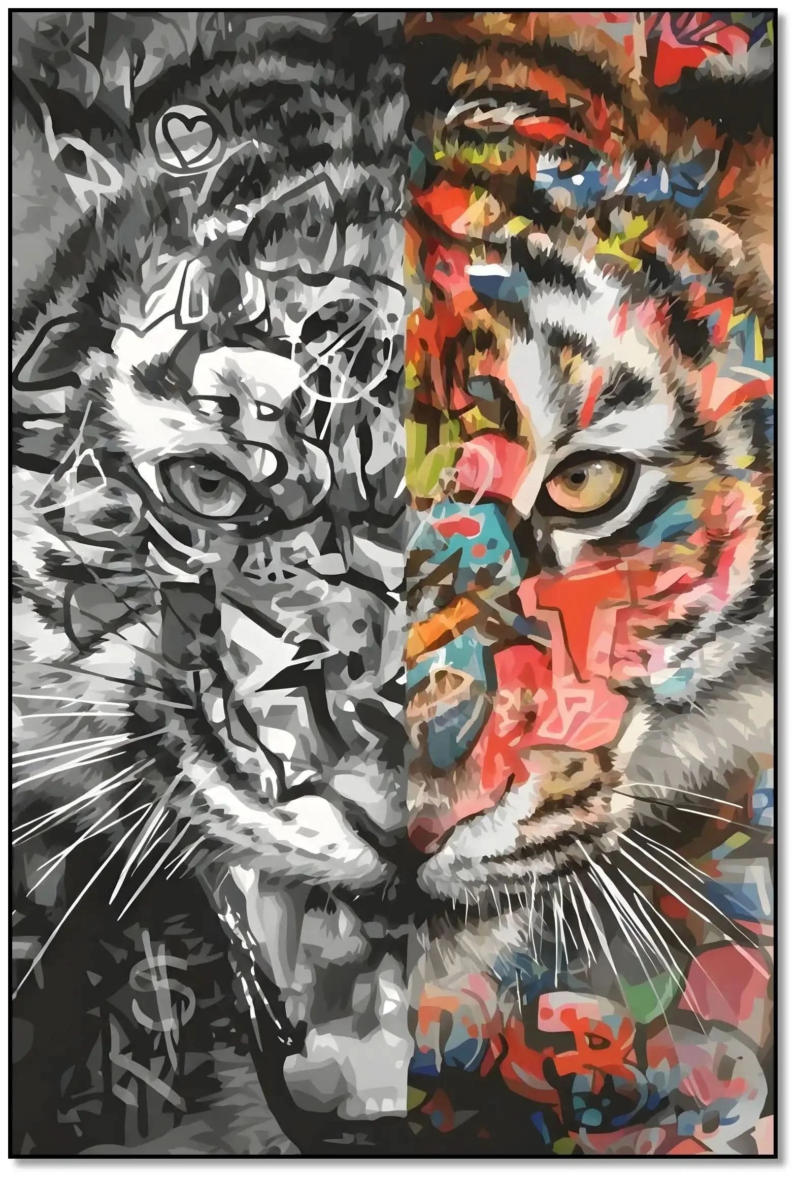 Tigre en dualité avec moitié en nuances de gris et moitié en couleurs vives, style Street Art, ambiance dynamique et mystérie