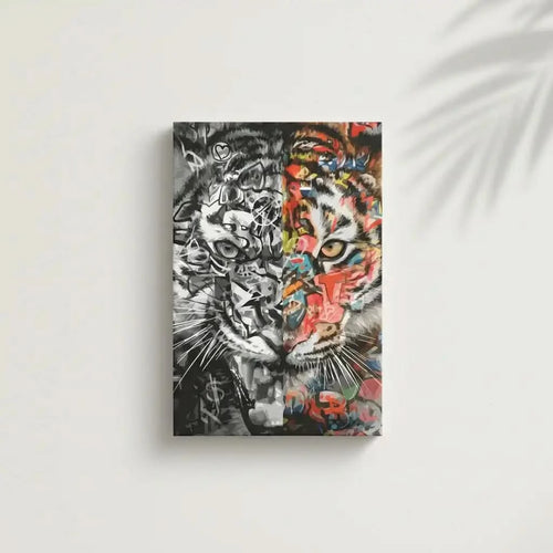 Tigre en dualité avec moitié en nuances de gris et moitié en couleurs vives, style Street Art, ambiance dynamique et mystérie