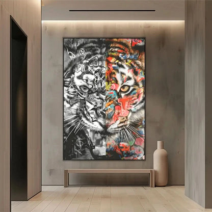 Tigre en dualité avec moitié en nuances de gris et moitié en couleurs vives, style Street Art, ambiance dynamique et mystérie