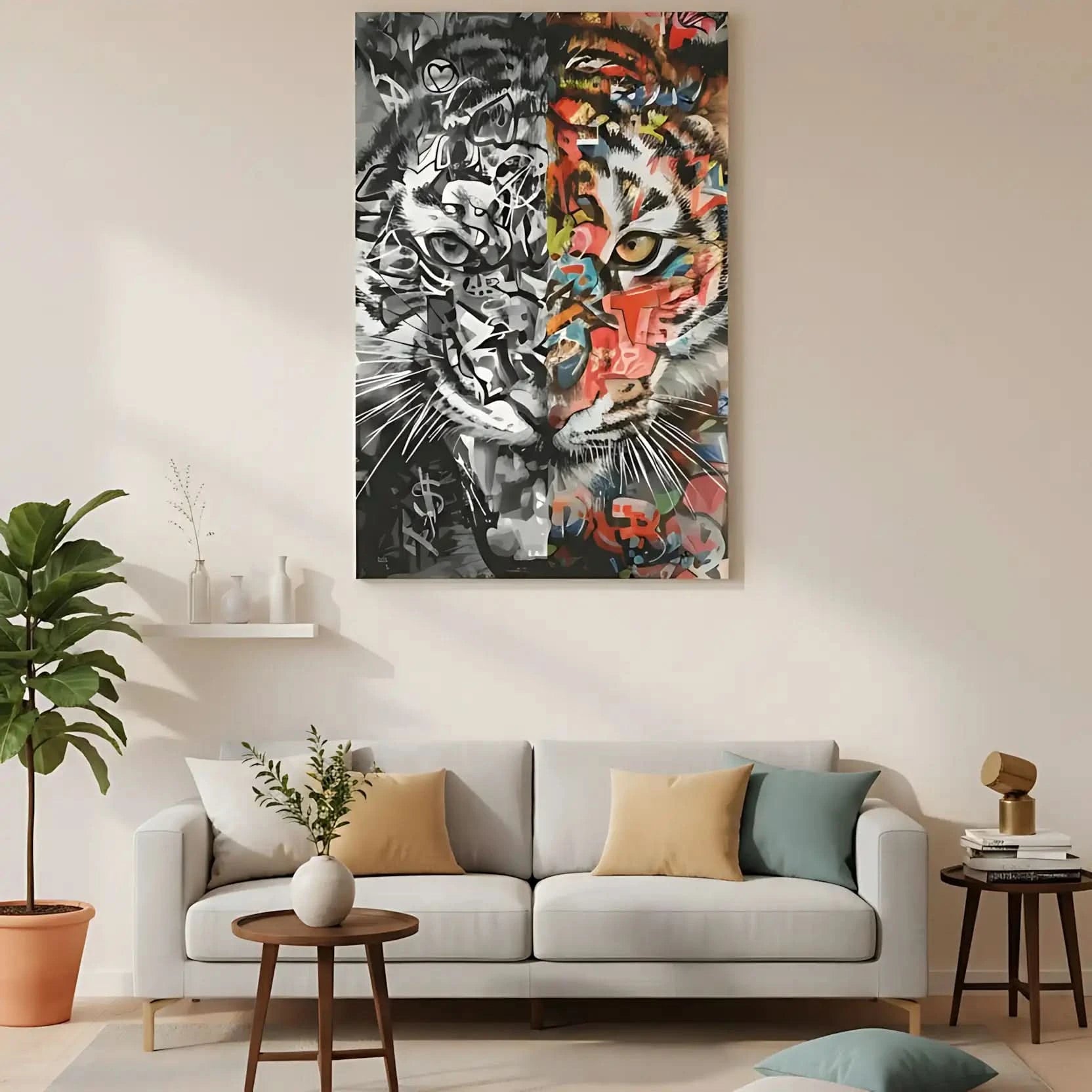 Tigre en dualité avec moitié en nuances de gris et moitié en couleurs vives, style Street Art, ambiance dynamique et mystérie