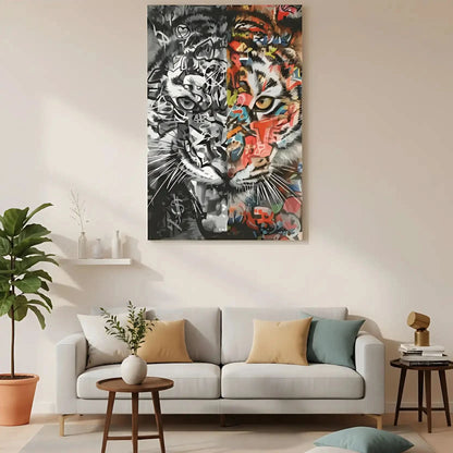 Tigre en dualité avec moitié en nuances de gris et moitié en couleurs vives, style Street Art, ambiance dynamique et mystérie