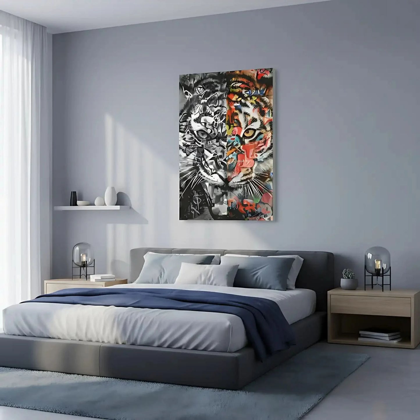 Tigre en dualité avec moitié en nuances de gris et moitié en couleurs vives, style Street Art, ambiance dynamique et mystérie