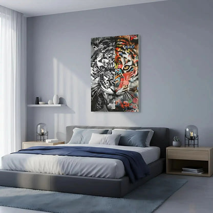 Tigre en dualité avec moitié en nuances de gris et moitié en couleurs vives, style Street Art, ambiance dynamique et mystérie