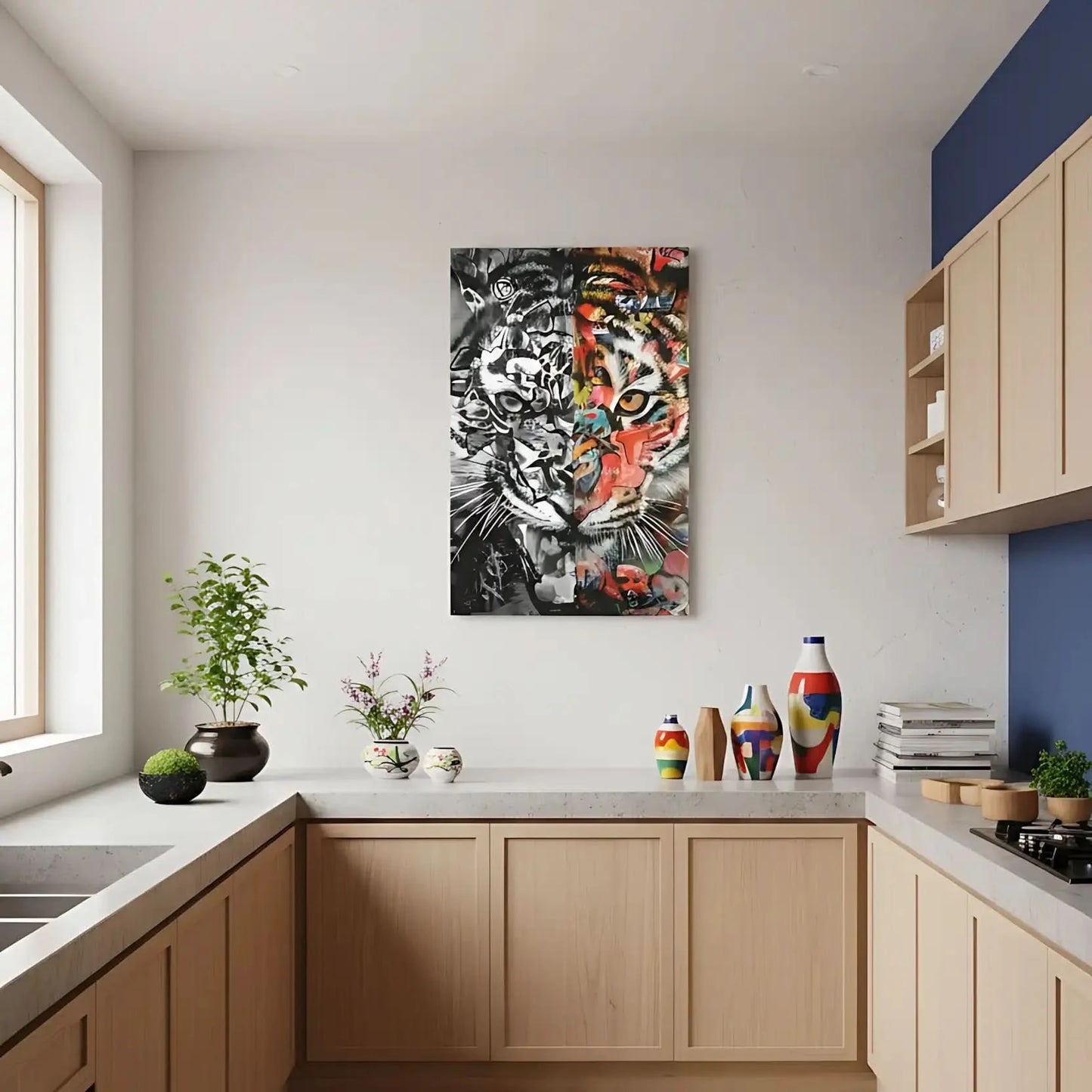 Tigre en dualité avec moitié en nuances de gris et moitié en couleurs vives, style Street Art, ambiance dynamique et mystérie