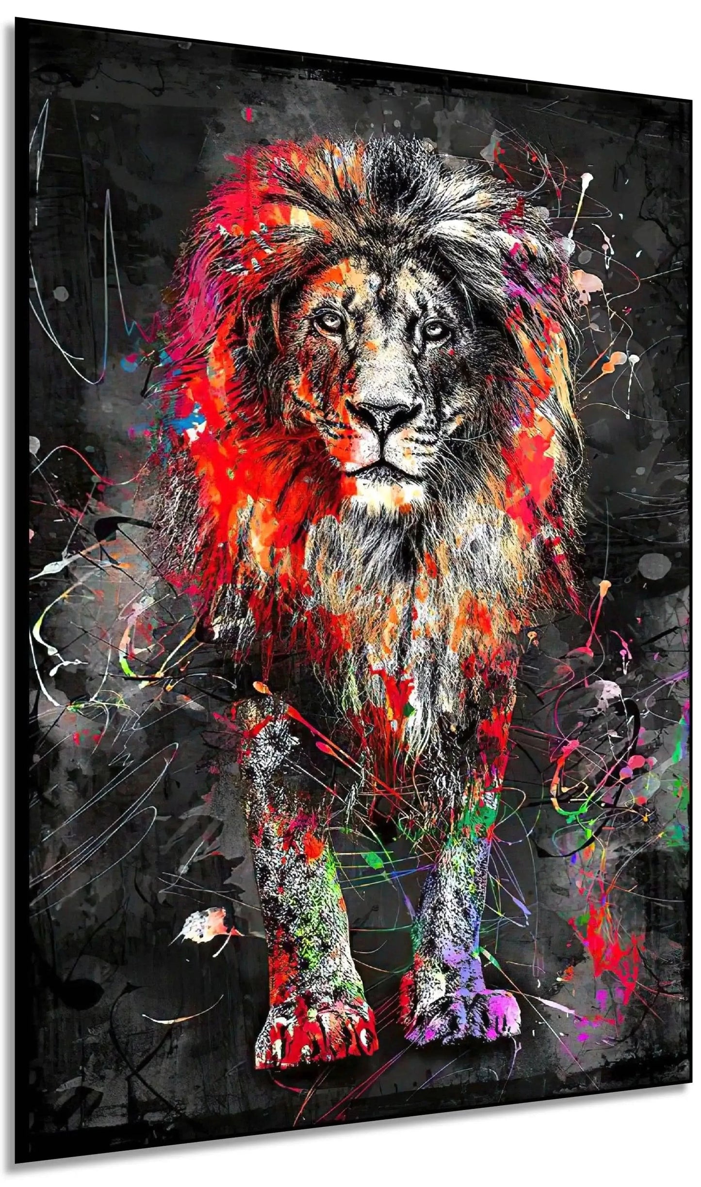 Lion majestueux avec couleurs vives et éclaboussures multicolores, ambiance puissante pour salon moderne.