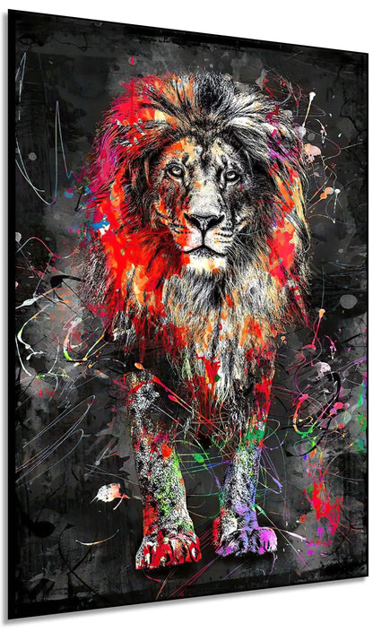 Lion majestueux avec couleurs vives et éclaboussures multicolores, ambiance puissante pour salon moderne.