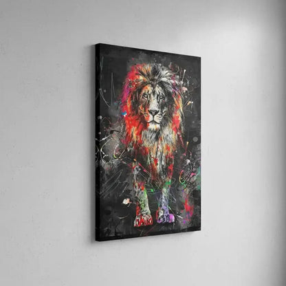 Lion majestueux avec couleurs vives et éclaboussures multicolores, ambiance puissante pour salon moderne.