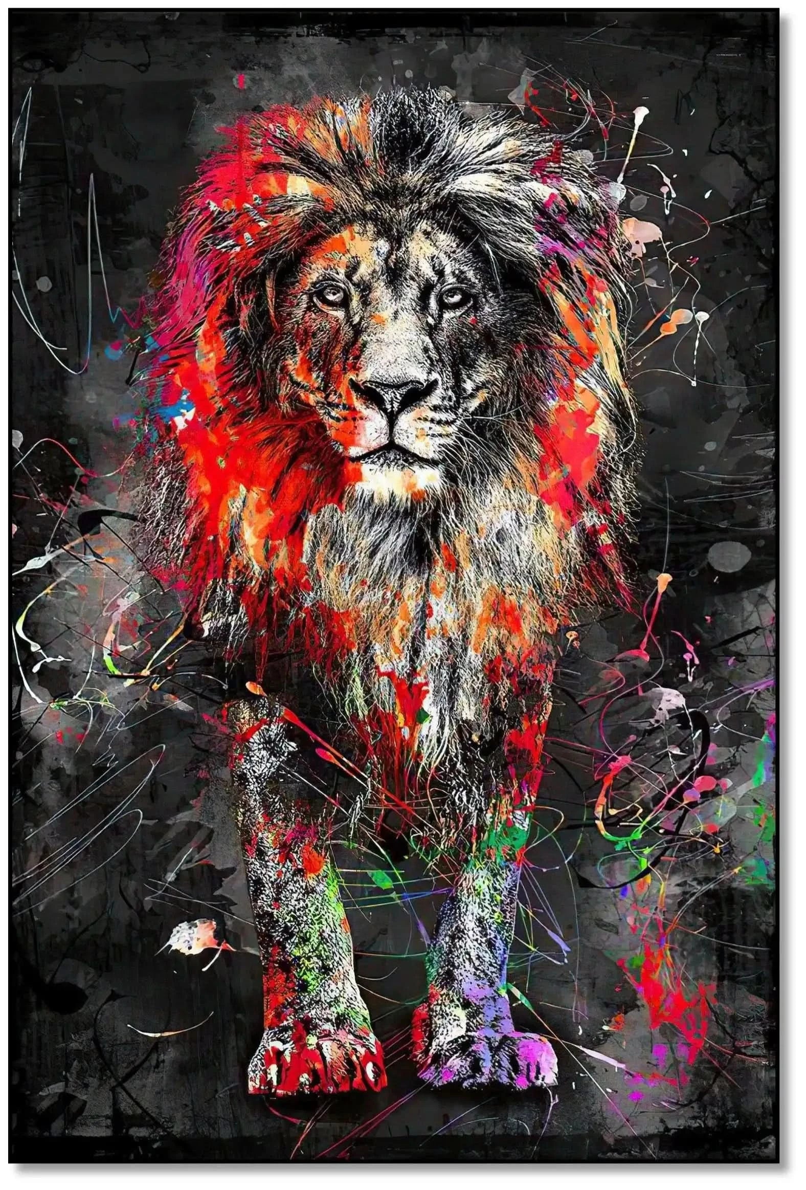 Lion majestueux avec couleurs vives et éclaboussures multicolores, ambiance puissante pour salon moderne.