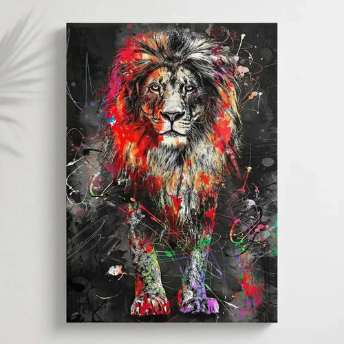 Lion majestueux avec couleurs vives et éclaboussures multicolores, ambiance puissante pour salon moderne.