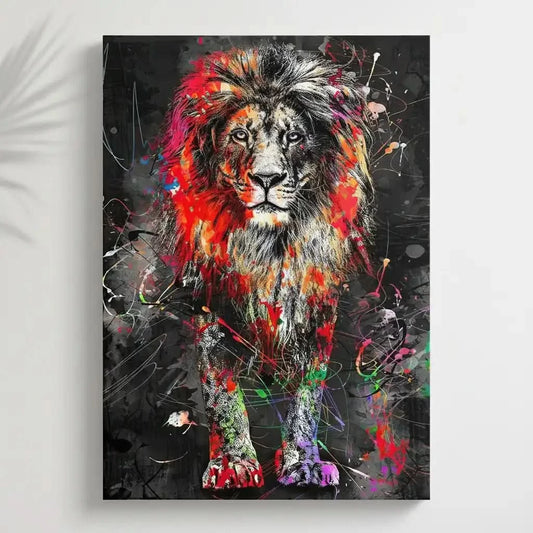 Lion majestueux avec couleurs vives et éclaboussures multicolores, ambiance puissante pour salon moderne.