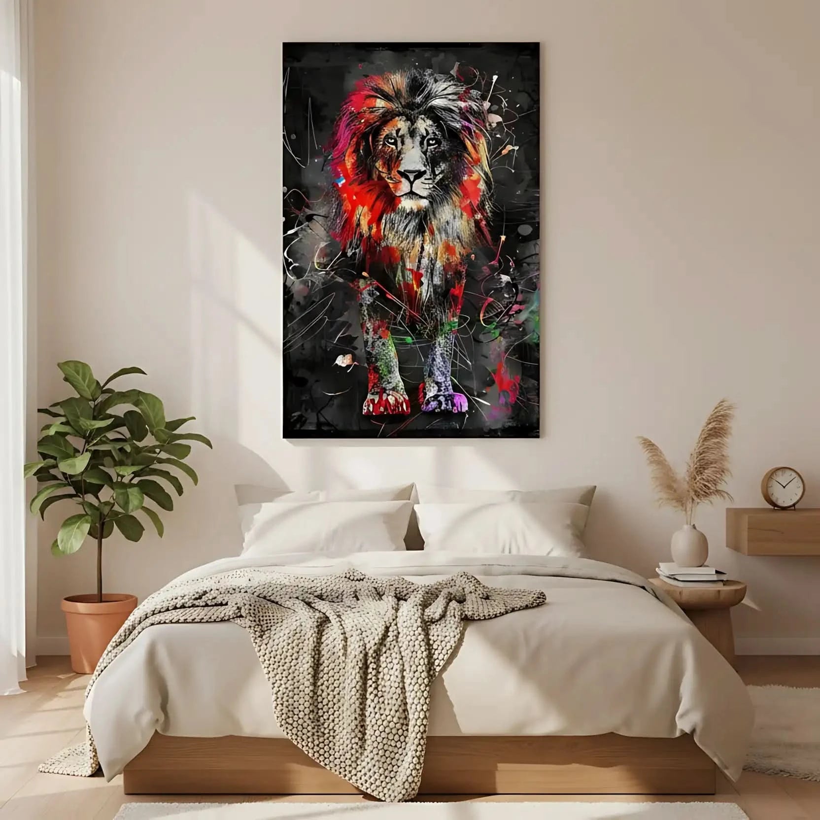 Lion majestueux avec couleurs vives et éclaboussures multicolores, ambiance puissante pour salon moderne.