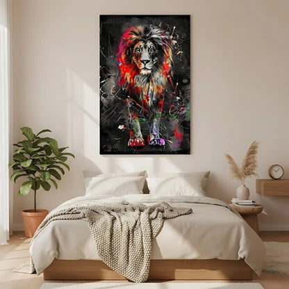 Lion majestueux avec couleurs vives et éclaboussures multicolores, ambiance puissante pour salon moderne.