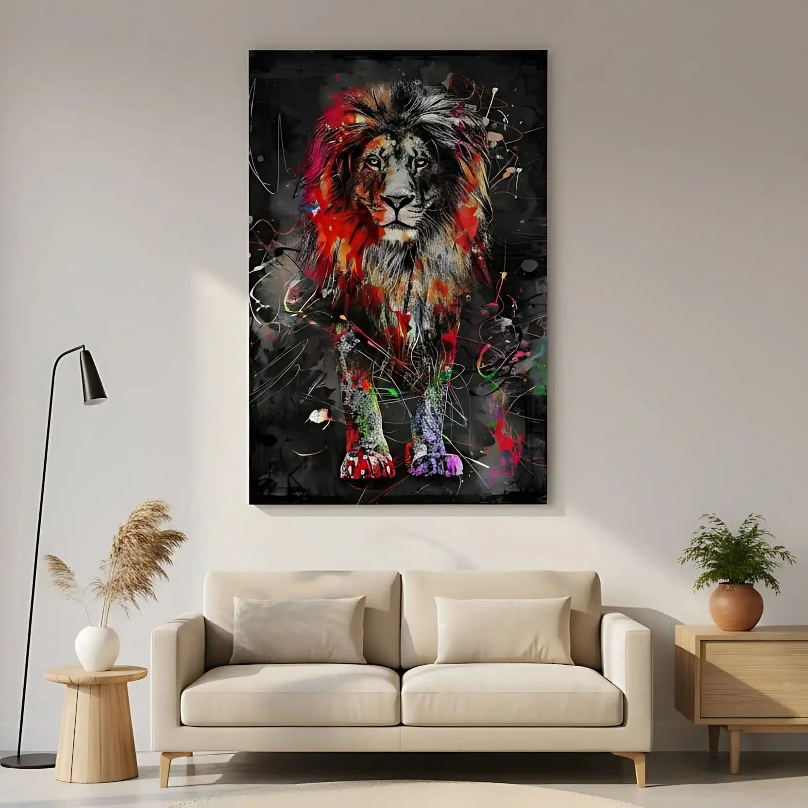Lion majestueux avec couleurs vives et éclaboussures multicolores, ambiance puissante pour salon moderne.