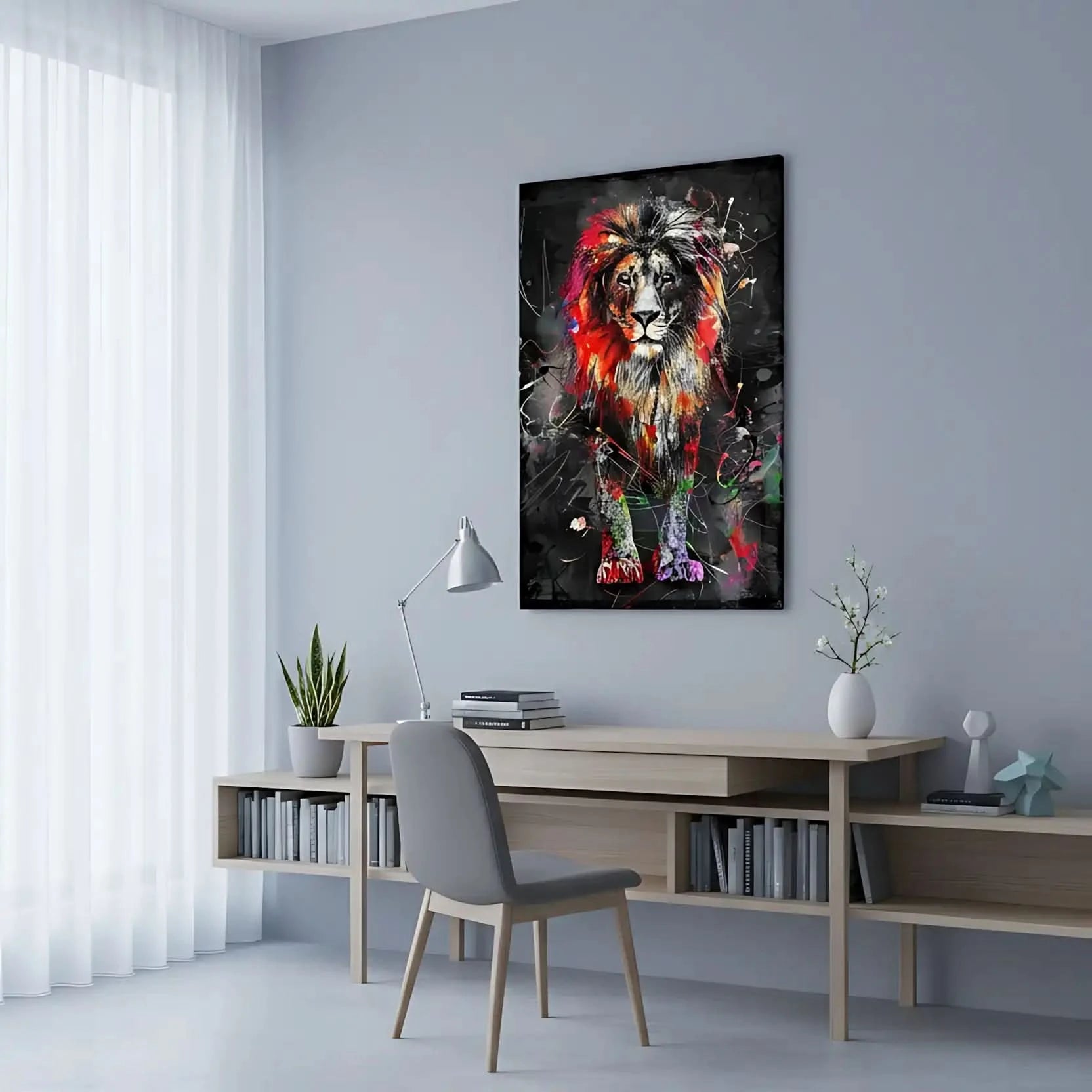 Lion majestueux avec couleurs vives et éclaboussures multicolores, ambiance puissante pour salon moderne.