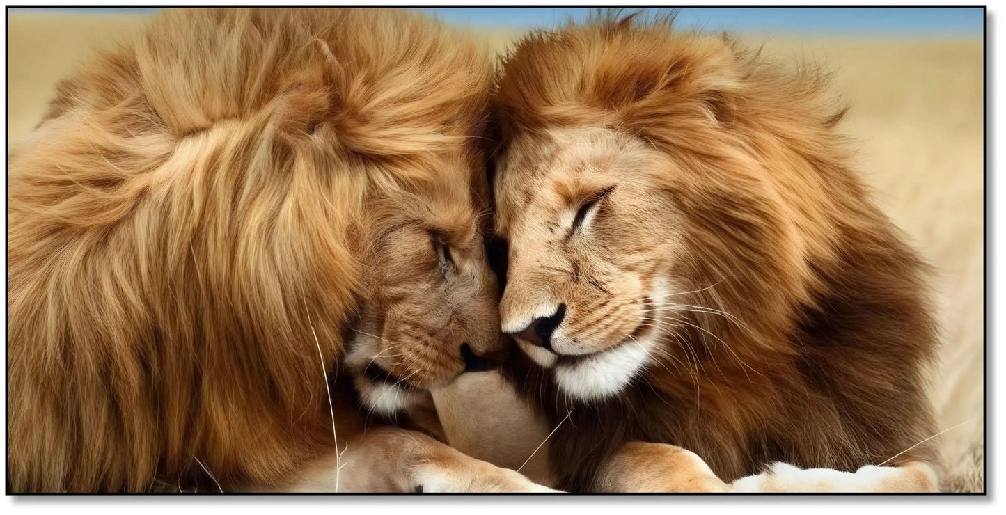 Deux lions aux crinières dorées, tête contre tête, évoquant tendresse et sérénité, idéal pour salon ou chambre.